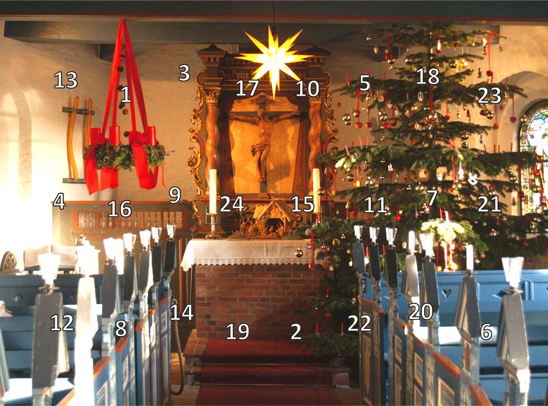 Bild des Hooger Adventskalenders mit der Innenansicht der weihnachtlich geschmückten Halligkirche